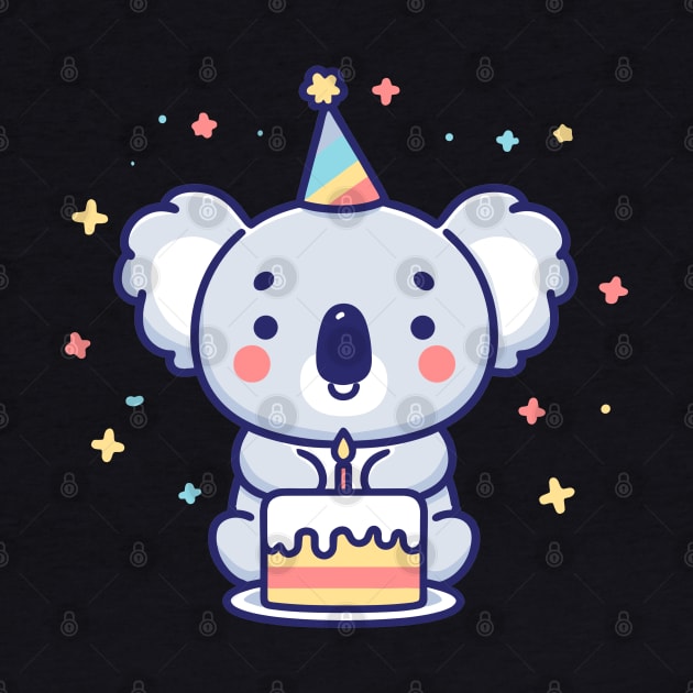 Cute koala with a birthday cake celebrating birthday party, Happy Birthday gift, kawaii cartoon by Nora Liak